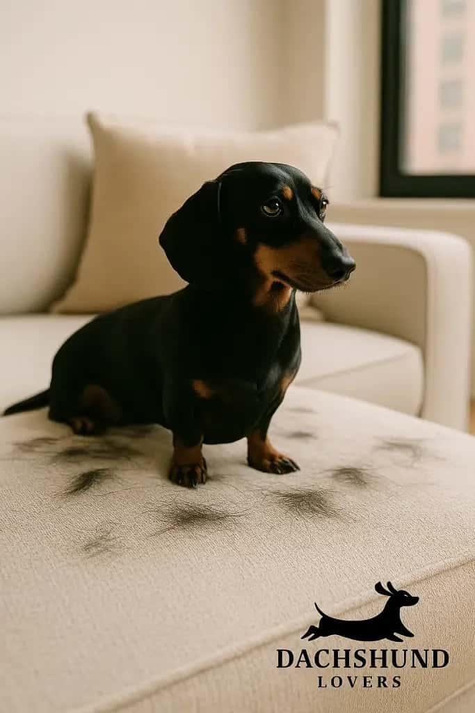 A black dachshund sits on a beige couch, with tufts of fur around it.