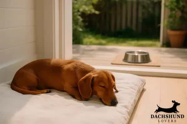 Dachshund sleeping peacefully on a white cushion indoors, with a dog bowl visible outside