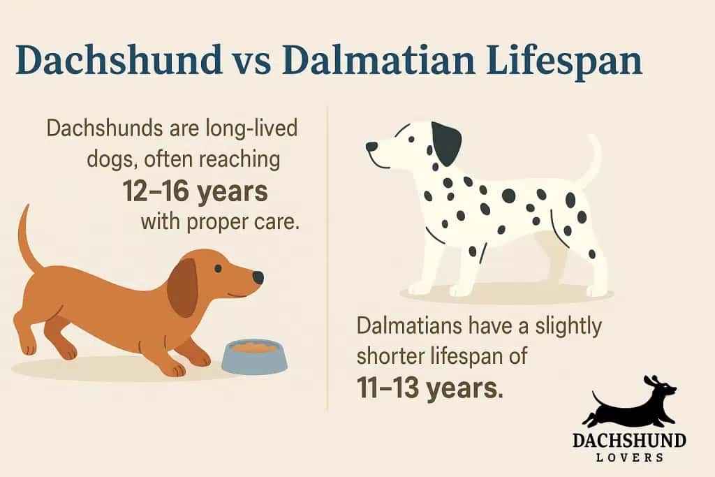 Infographic comparing Dachshund vs Dalmatian lifespan. Dachshunds live 12–16 y with proper care