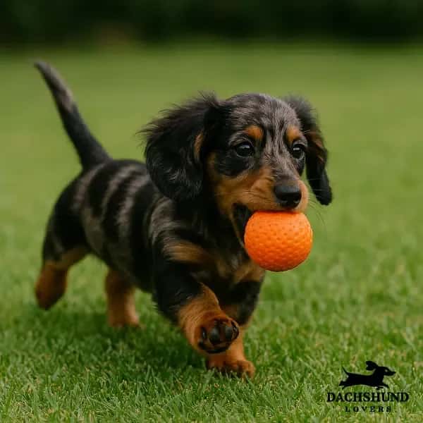 A dapple Dachshund puppy runs on green grass carrying an orange ball in its mouth