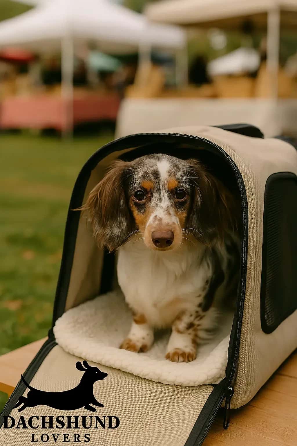 Dapple piebald dachshund sitting in a soft-sided dog carrier at a weekend market.