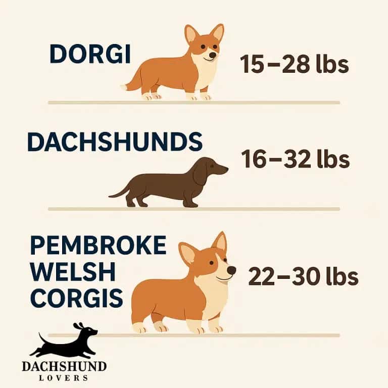 Illustration comparing dog breeds: Dorgi , Dachshunds and Pembroke Welsh Corgis