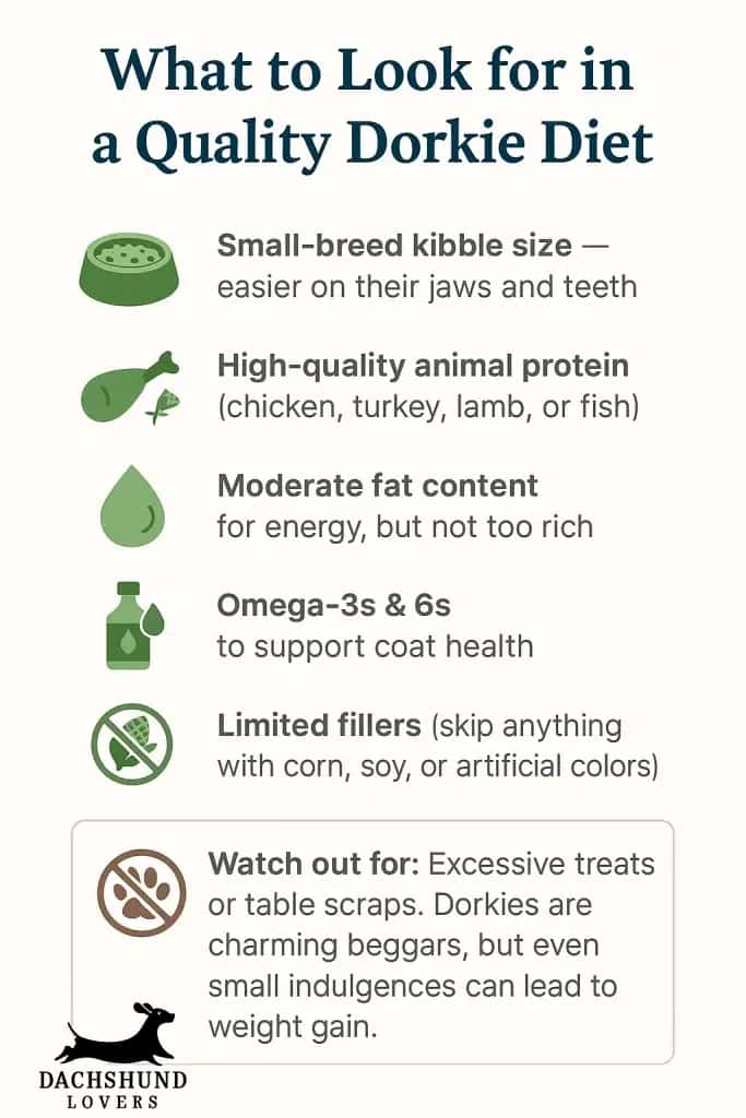 Infographic on what to look for in a quality Dorkie diet, including kibble size, protein, fat content