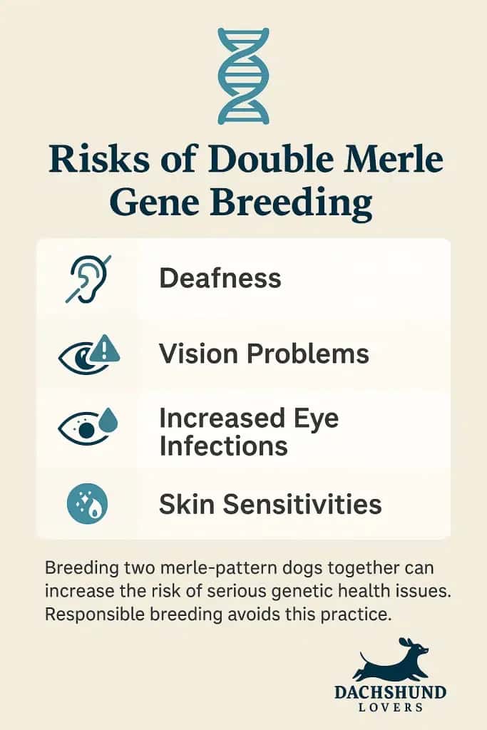 Infographic explaining the risks of double merle gene breeding in dogs, including deafness