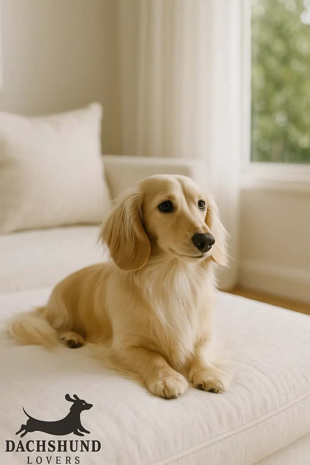 English cream long-haired dachshund sitting on a neutral linen couch in a sunlit living room