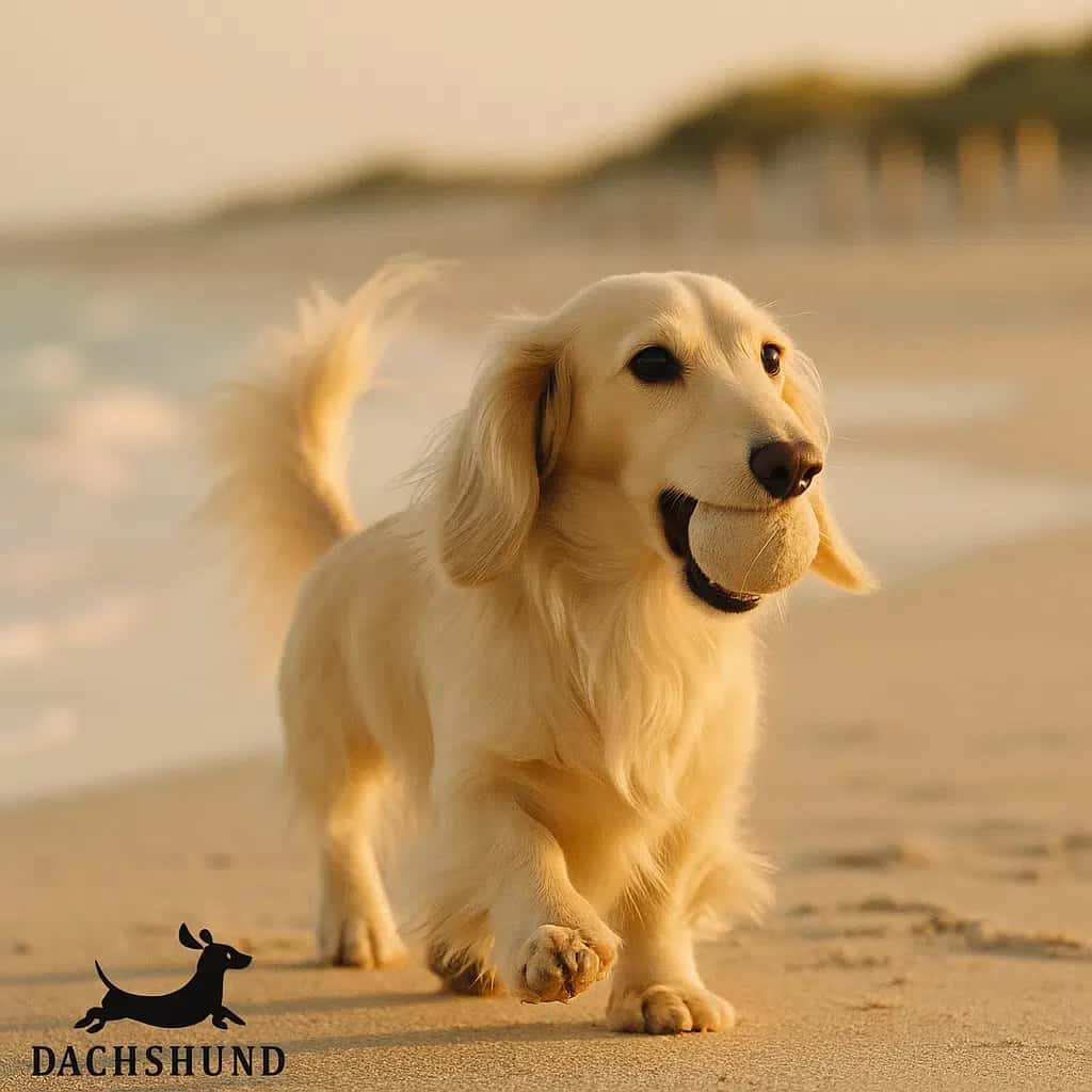 English cream long-haired dachshund carrying a tennis ball on a sandy beach at sunset.
