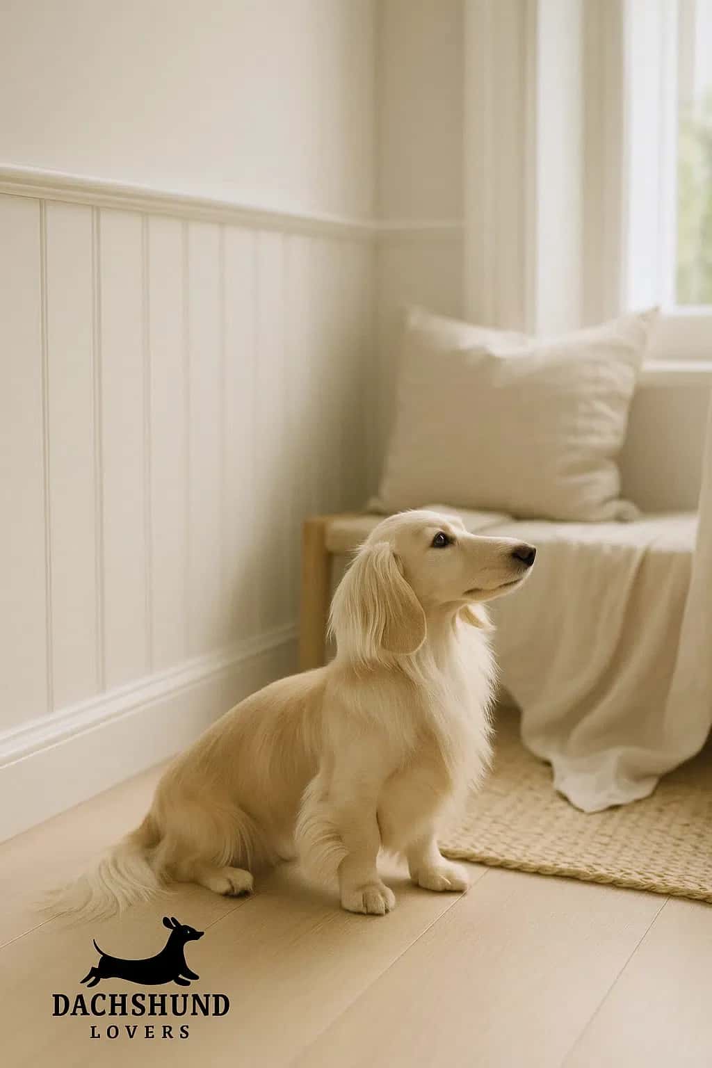 English cream long-haired dachshund sitting attentively in a minimalist Hamptons-style hallway