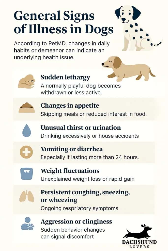 Infographic "General Signs of Illness in Dogs" with a cartoon dog at the top.