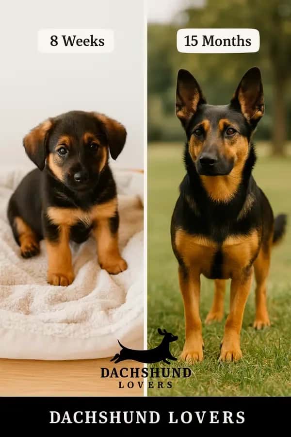 Split image of a puppy at 8 weeks, sitting on a blanket, and at 15 months, standing alert on grass.