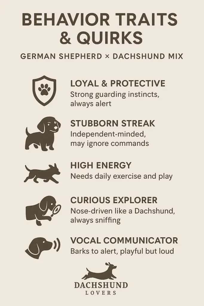 Infographic showing the behavior traits and quirks of a German Shepherd Dachshund mix