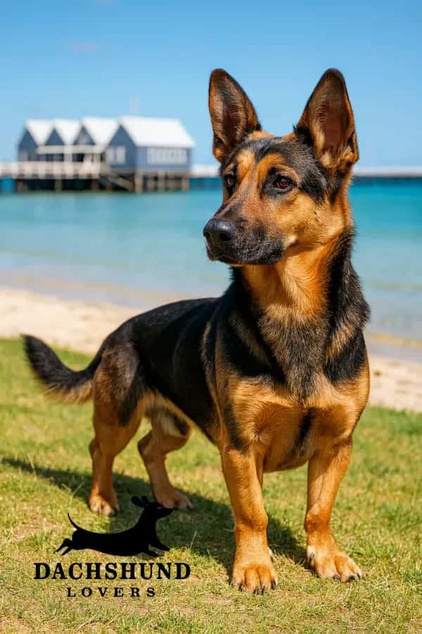 German Shepherd Dachshund mix standing on the grass near Busselton Jetty in Western Australia