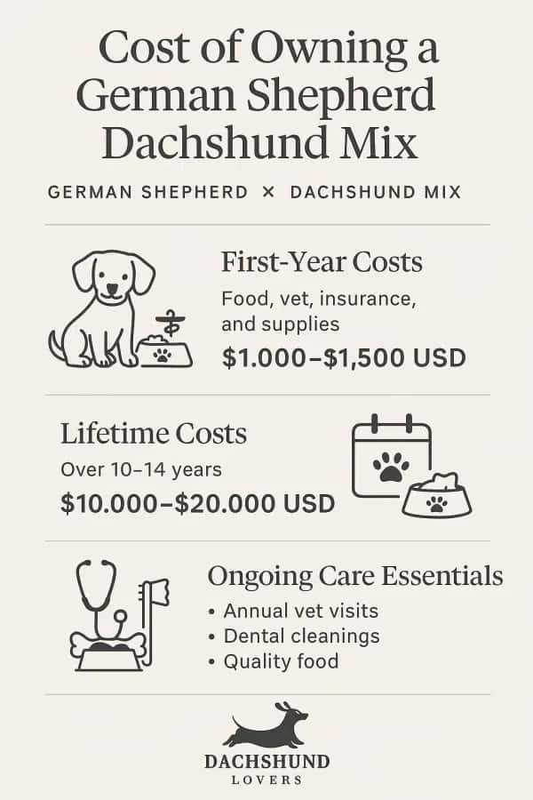 Infographic 'Cost of Owning a German Shepherd Dachshund Mix.' It outlines costs