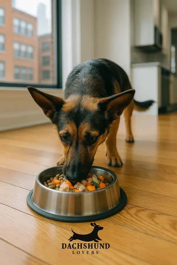 German Shepherd Dachshund mix eating breakfast of kibble with chicken and vegetables