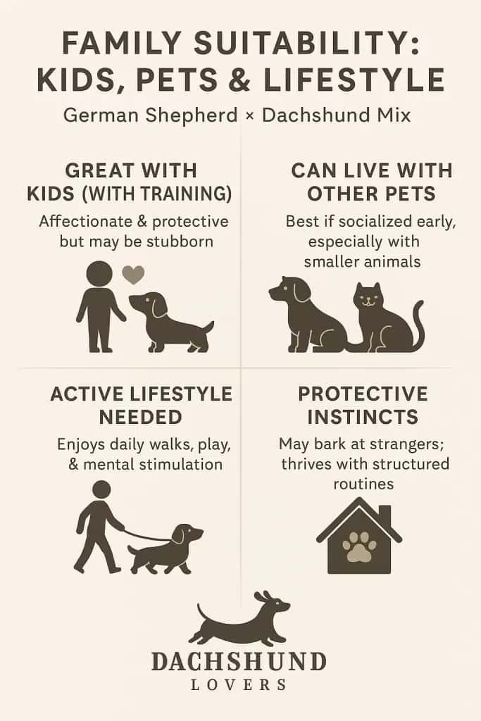 Infographic showing the family suitability of a German Shepherd Dachshund mix