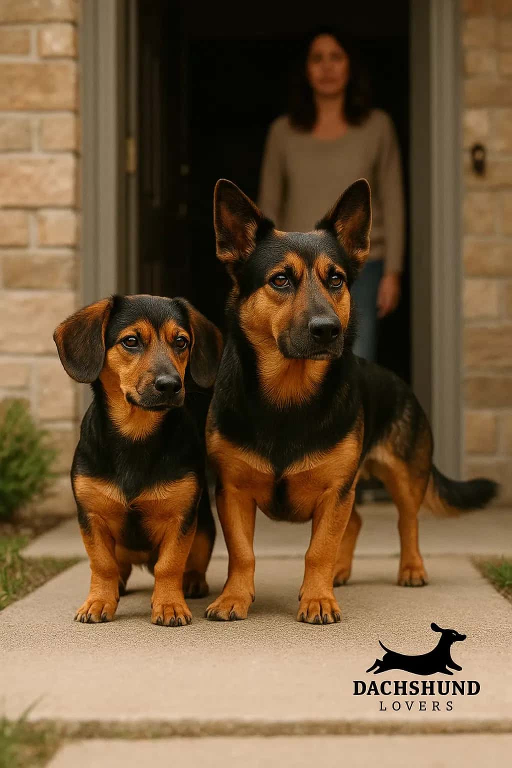 Two dachshunds stand attentively on a porch, with a brick wall and a blurred person in the doorway