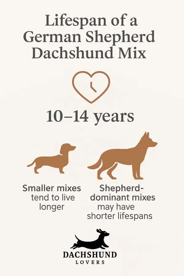 Lifespan infographic of German Shepherd Dachshund Mix. Shows 10-14 years, with outline of small