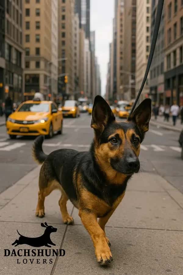 German Shepherd Dachshund mix walking on a busy New York City street with yellow taxis