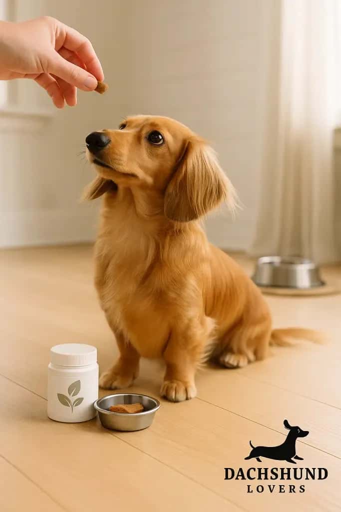 Golden long-haired miniature dachshund sitting indoors, looking up at a hand holding a treat