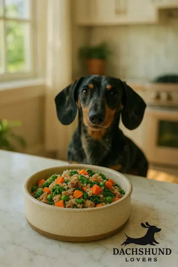 Black dapple miniature dachshund sitting behind a bowl of homemade dog food with turkey