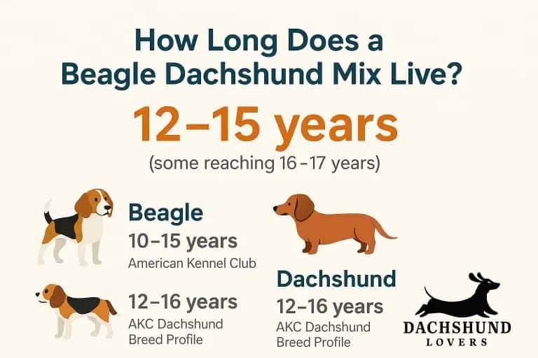 Infographic: Beagle-Dachshund mix lives 12–15 years, sometimes 16–17; parents average 10–16 (AKC)