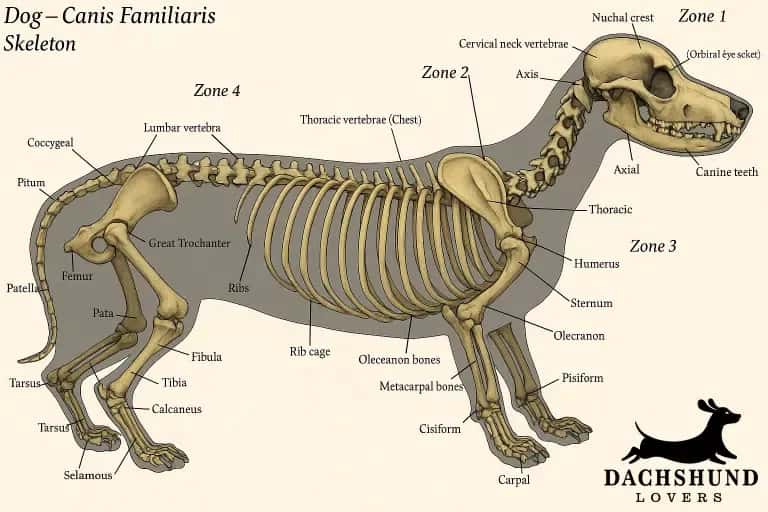 Dachshund skeleton diagram showing rib cage, spine, and bones with labeled anatomy zones