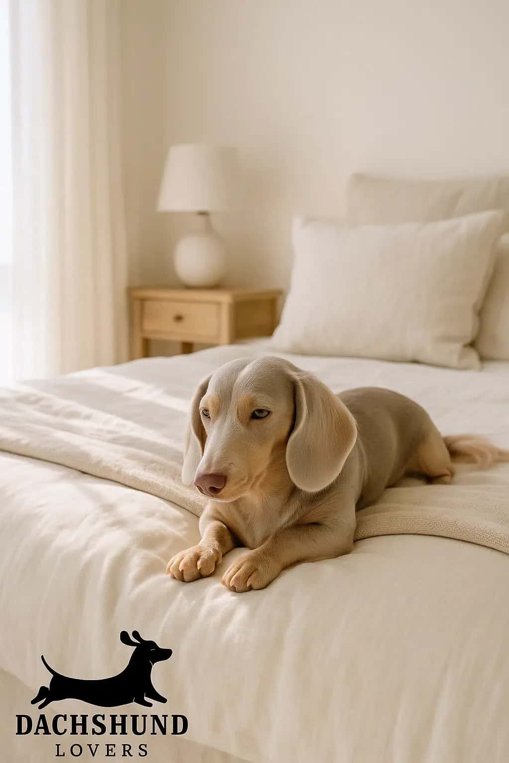 sabella blue dachshund lying on a cream linen bed in a minimalist Hamptons-style bedroom.