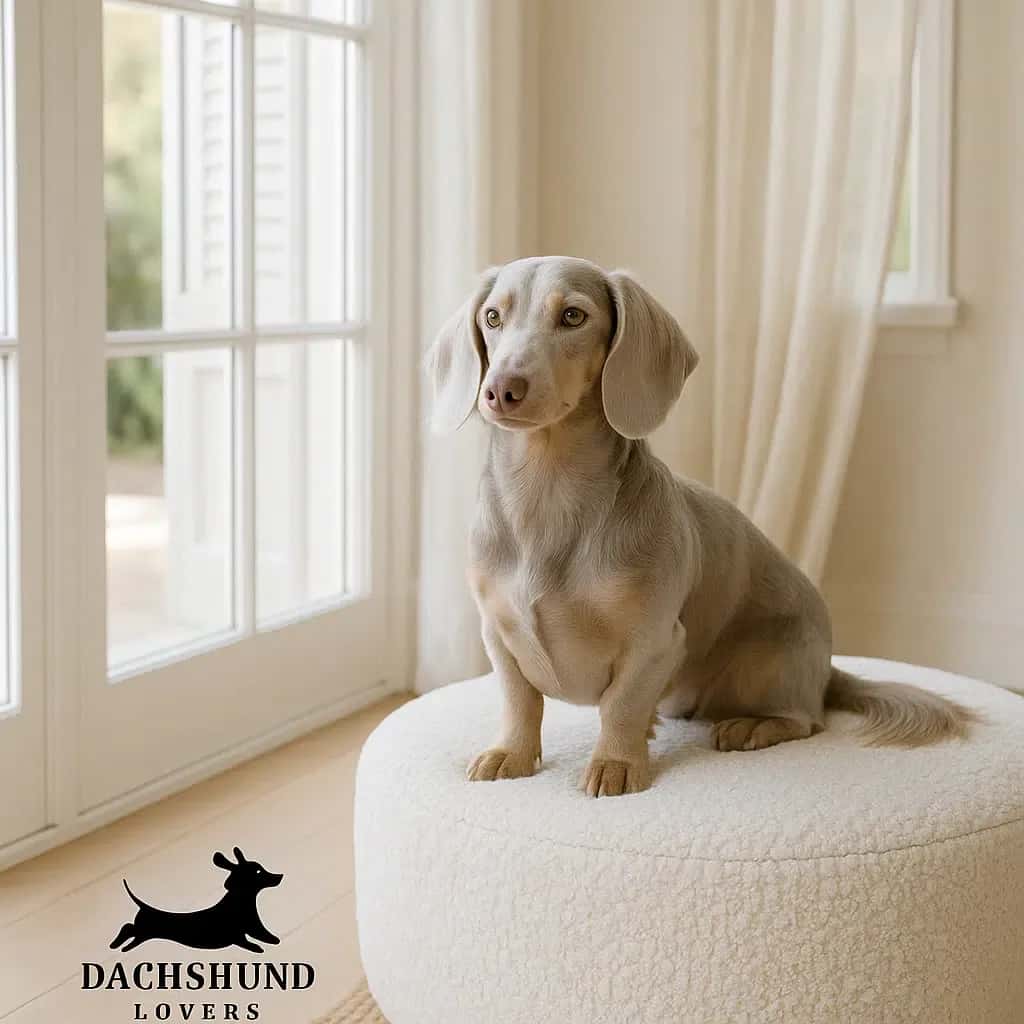Isabella blue dachshund sitting on a cream boucle ottoman near a bright Hamptons-style window.