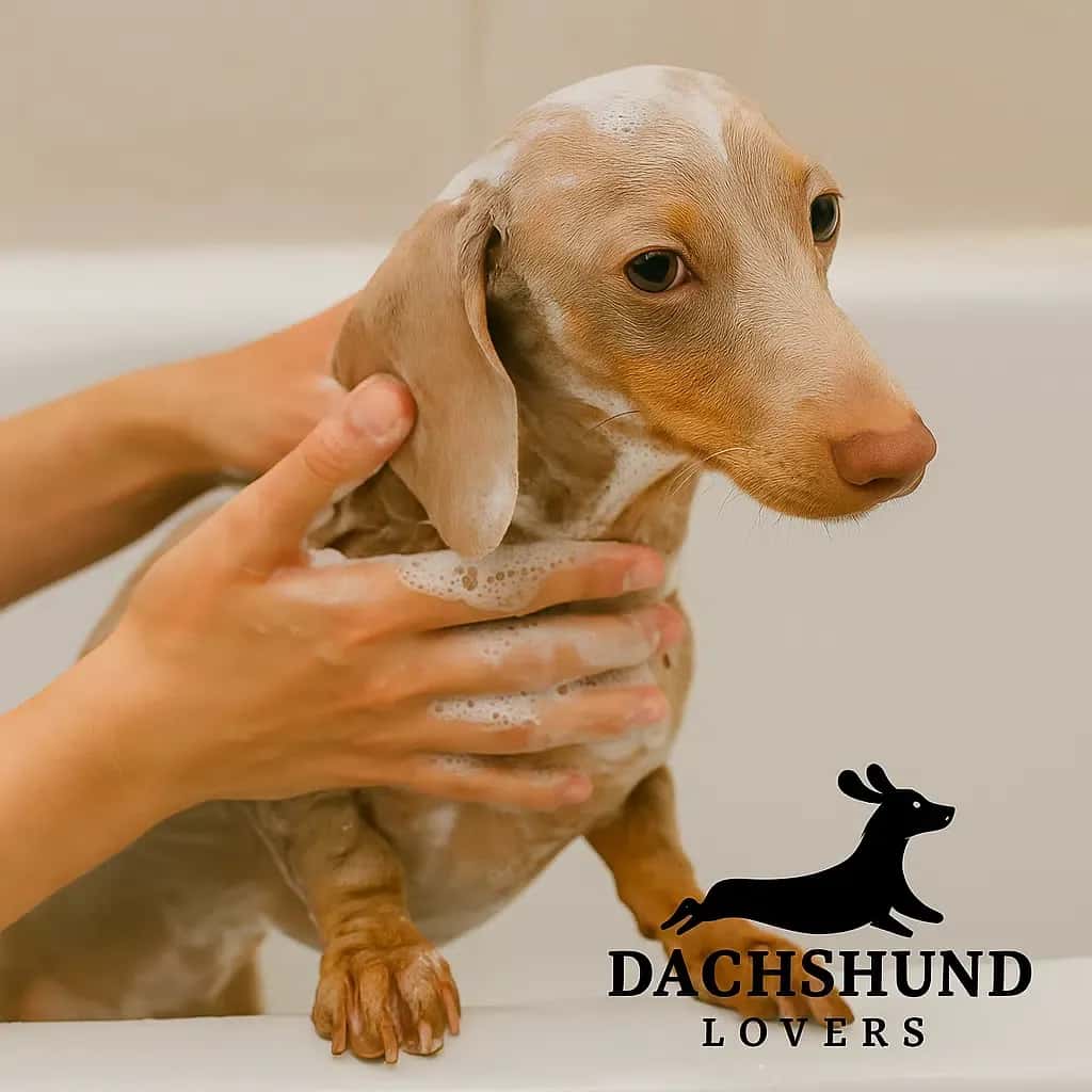 Isabella dachshund being gently washed in a white bathtub during grooming time