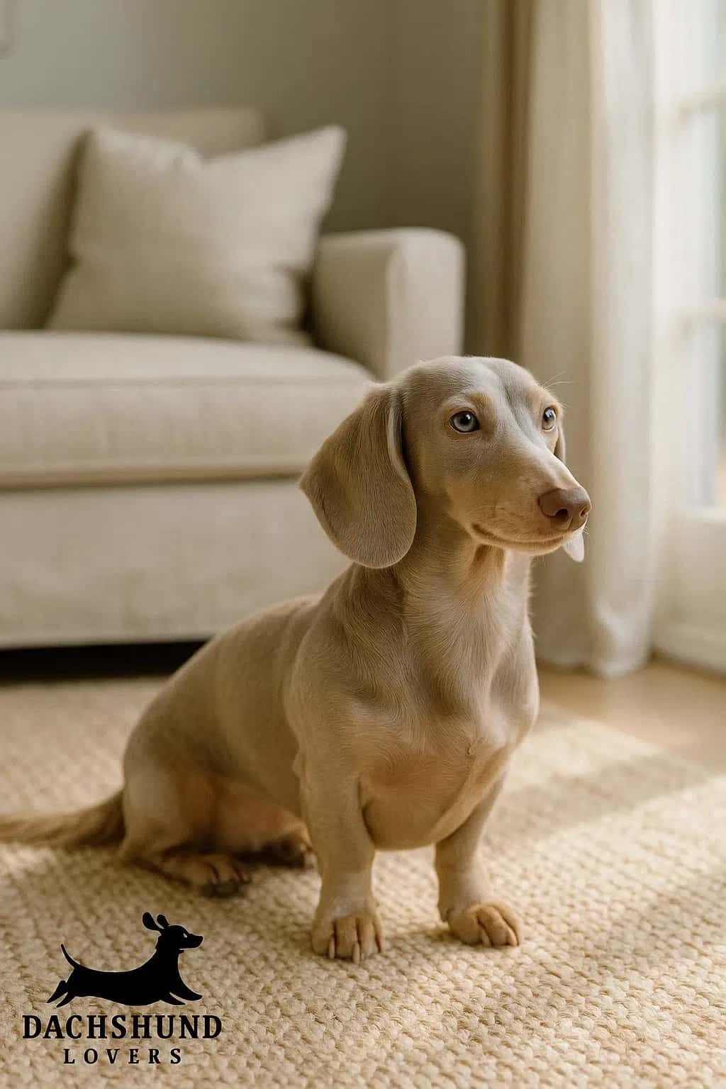 Isabella dachshund sitting on a woven rug in a Hamptons-style living room with neutral decor.
