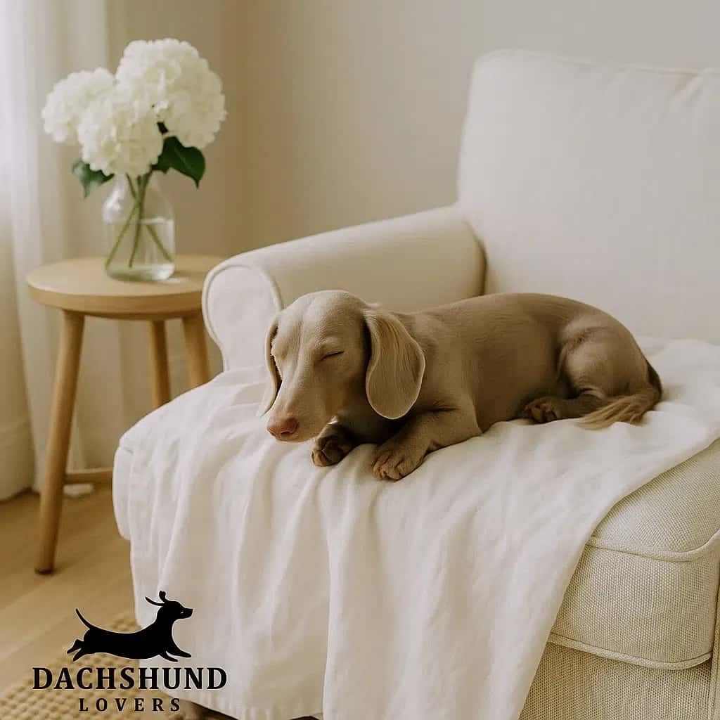 Isabella dachshund sleeping on a white linen chair beside a wooden table with fresh flowers