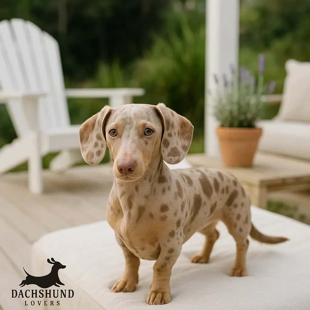 sabella dapple dachshund standing on a cream cushion on a Hamptons-style deck