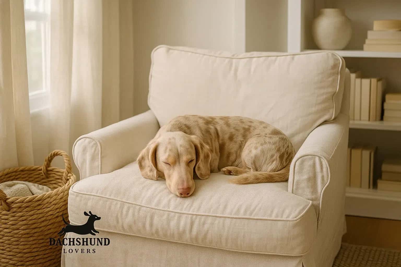 Isabella dapple dachshund sleeping on a cream armchair in a Hamptons-style reading nook.