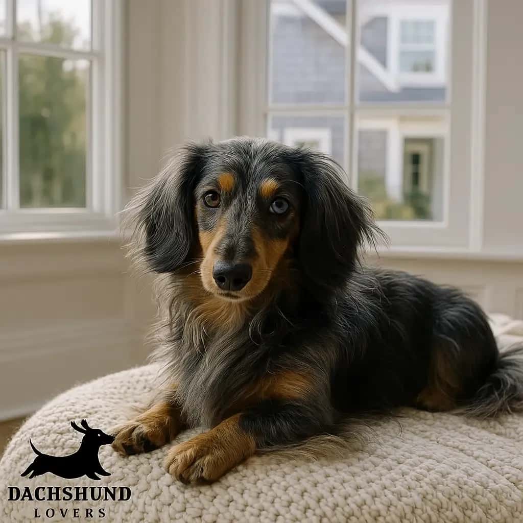 Long-haired blue dapple dachshund with heterochromatic eyes lounging on a knit throw
