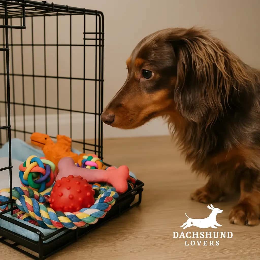 Long-haired brown dapple dachshund looking at a crate filled with colorful toys and a pee pad.