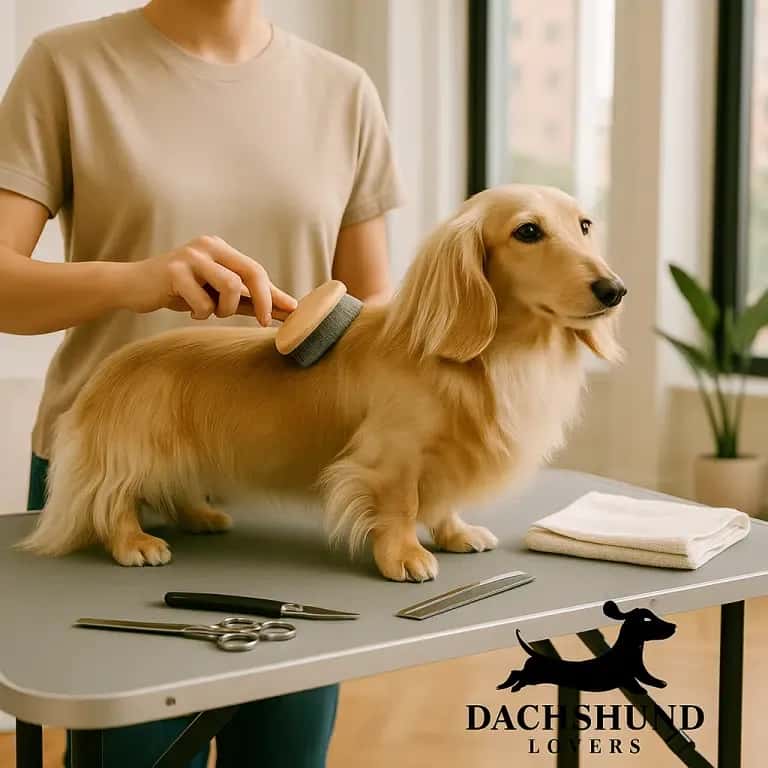 Long-haired cream dachshund standing on a grooming table in a bright apartment