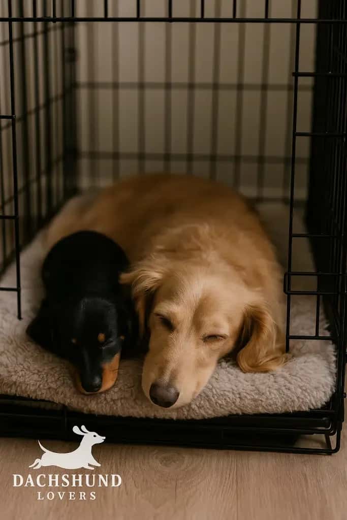 Long-haired cream dachshund napping in a crate on a soft bed, with Dachshund Lovers logo visible.