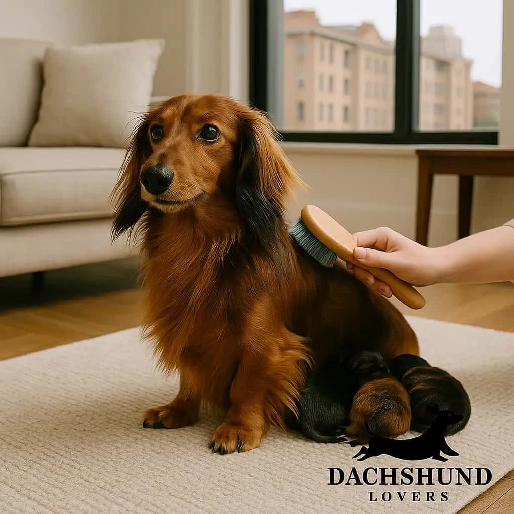 Long-haired dachshund being brushed in a modern Randwick, Sydney apartment, sitting on a light rug near a window with city buildings in the background, branded with the Dachshund Lovers logo.