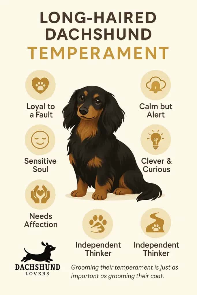 Infographic detailing the Long-Haired Dachshund Temperament, listing traits such