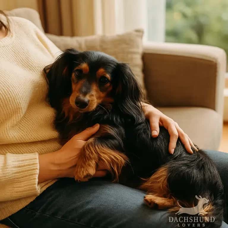 A long-haired dachshund sits comfortably on a person's lap, exuding a sense of calm