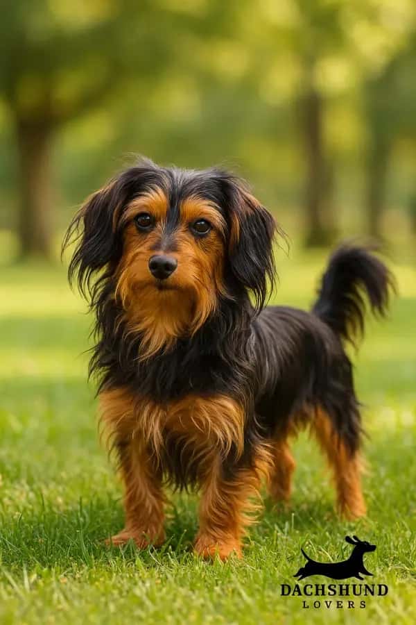 long-haired Dorkie dog, a Dachshund × Yorkshire Terrier mix, standing on a grassy lawn