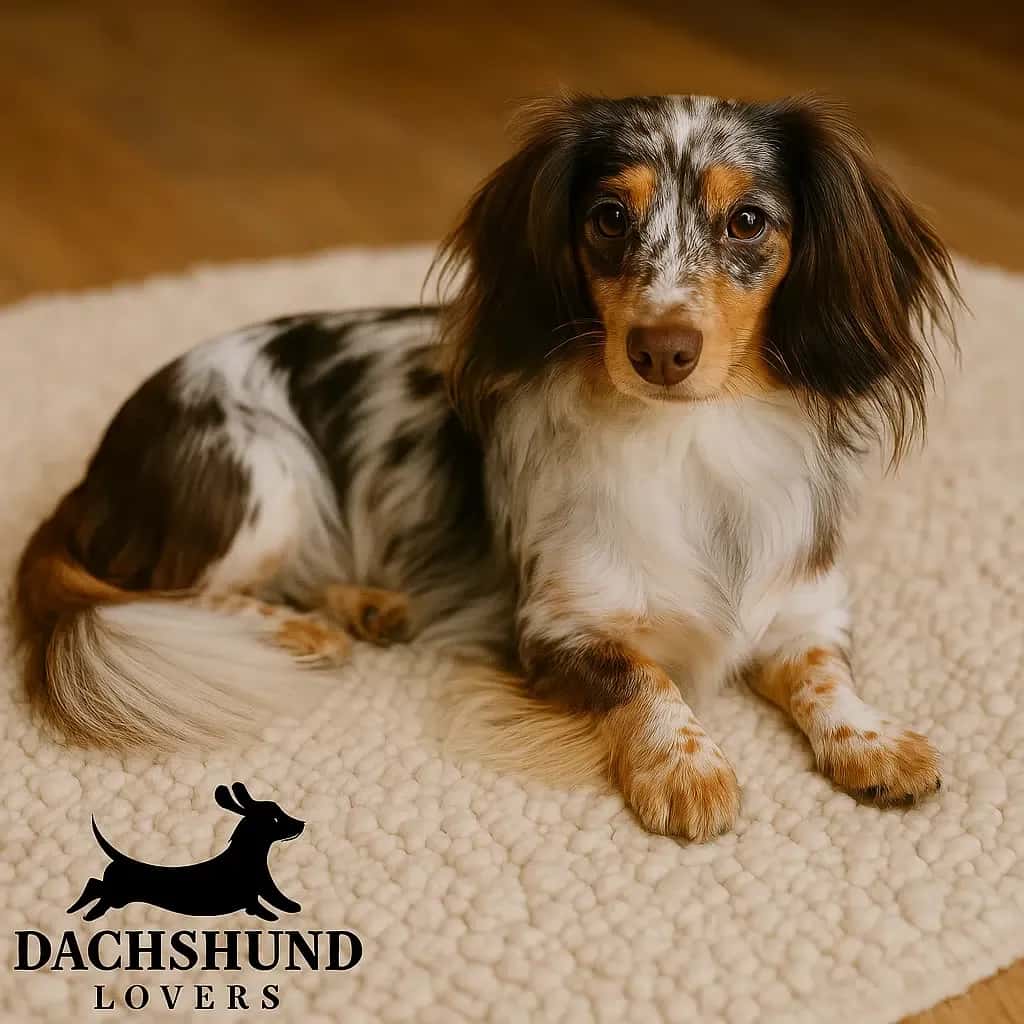 Long-haired dapple piebald dachshund lying on a cream wool rug, showing feathered coat details.
