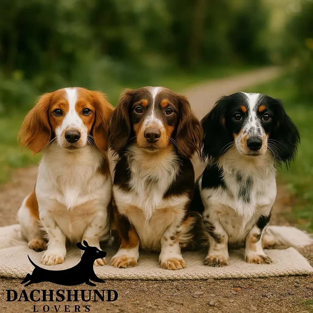 Three long-haired piebald dachshunds — red, chocolate, and black — sitting together outdoors.