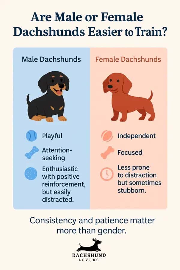 Infographic comparing male and female Dachshunds’ trainability traits, showing playful