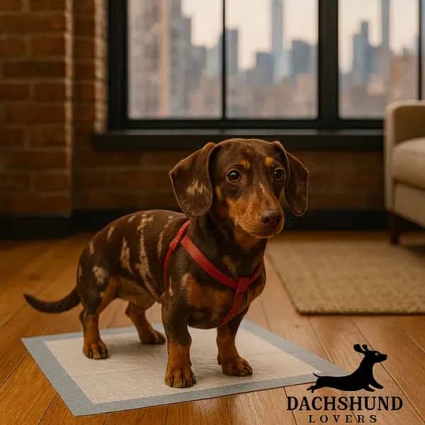 Miniature chocolate dapple dachshund potty training on a puppy pad in a New York City