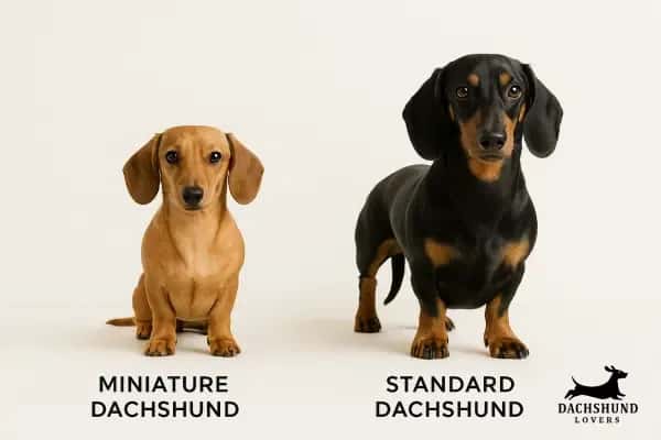 Comparison of a miniature dachshund and a standard dachshund on a light background