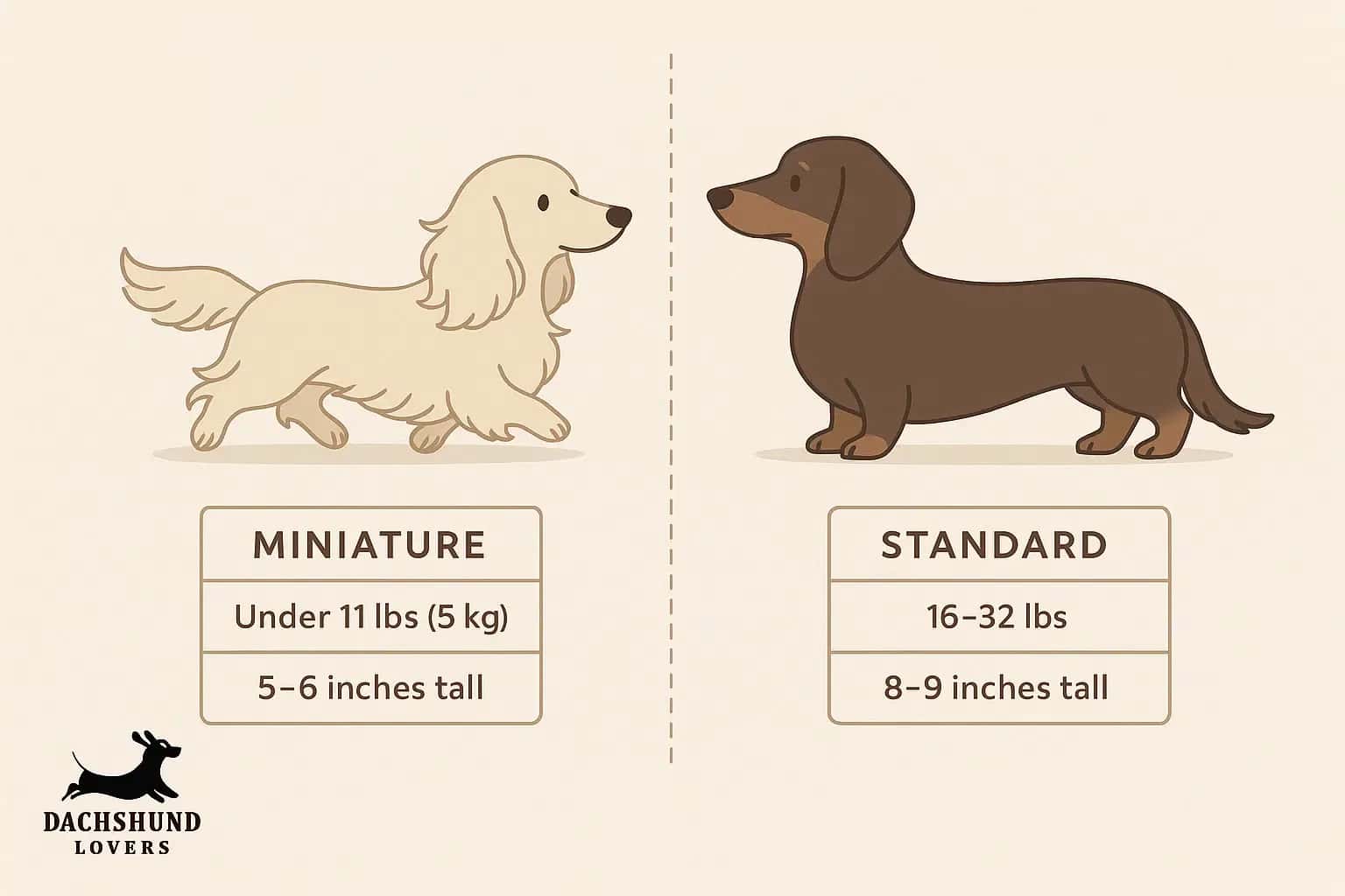 Illustration comparing miniature vs standard dachshunds, showing size, weight