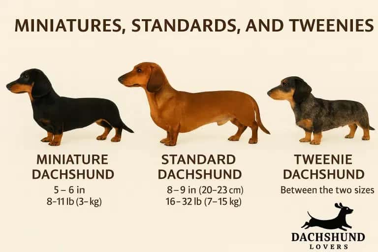 Real-life dachshund size comparison chart showing miniatures, standards, and tweenies