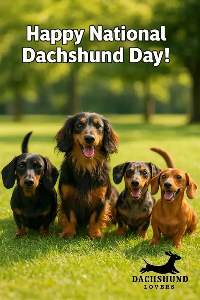 Realistic photo of four Dachshunds in different coat types celebrating National Dachshund Day, sitting together on grass with the text "Happy National Dachshund Day!" above and the Dachshund Lovers logo.