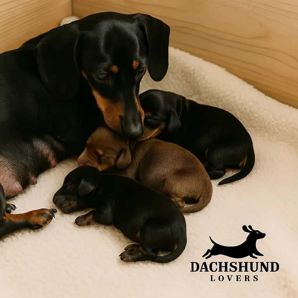 A black and tan dachshund mother resting in a whelping box with three newborn puppies