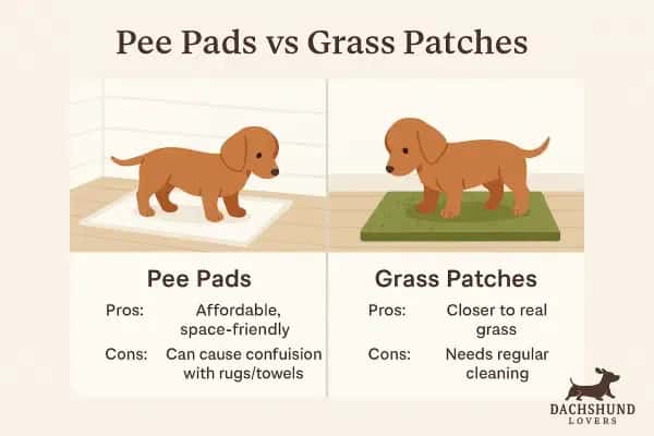 Illustration comparing pee pads and grass patches for dogs. A dachshund stands on each surface.